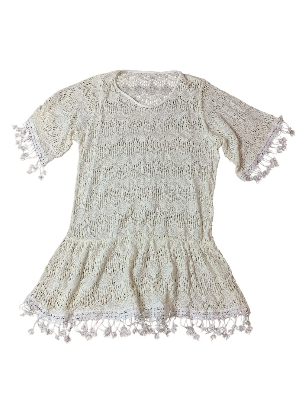 White Crochet Tassel Beach Cover-Up Dress Boho Lace S
